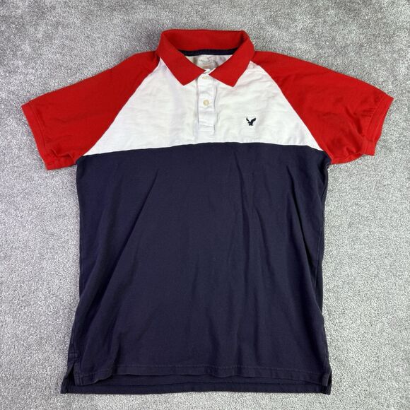 American Eagle Shirt Men’s Medium Blue Color Block Polo Casual Short Sleeve - Picture 2 of 9